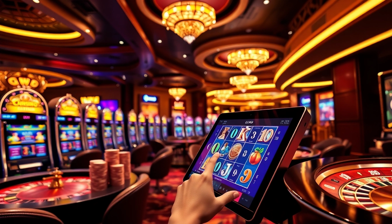 Experience thrilling demo slot gameplay at a luxurious casino with vibrant slot machines and professional ambiance.