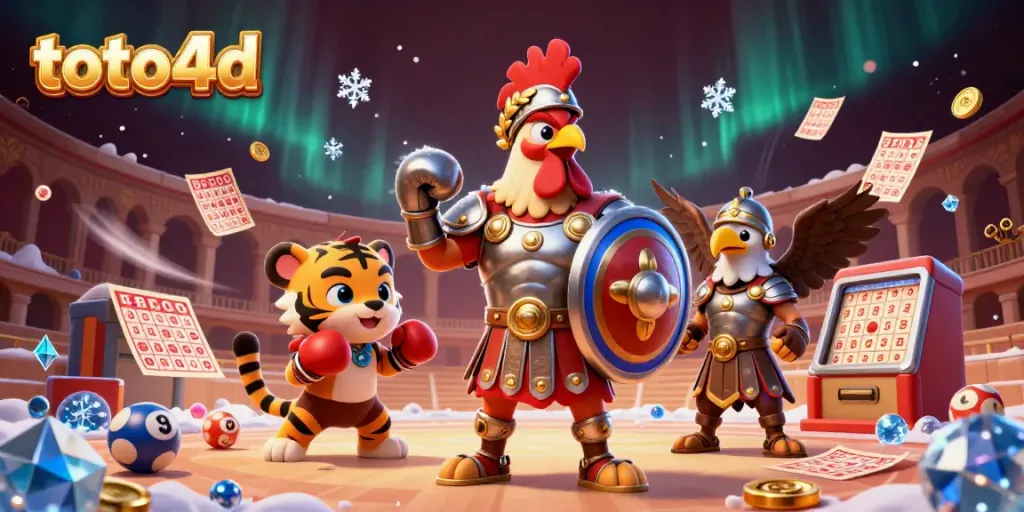 Visualisasi toto4d dengan karakter ayam jantan dan elemen lotere untuk menarik pemain.