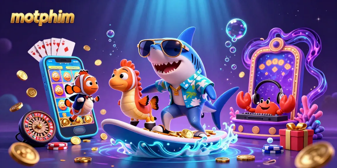 Enjoy motphim's thrilling gold coin waves with vibrant casino symbols illuminating the underwater scene.