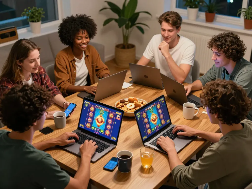 Teman-teman menikmati permainan slot OKESLOT saat malam gaming yang nyaman di rumah