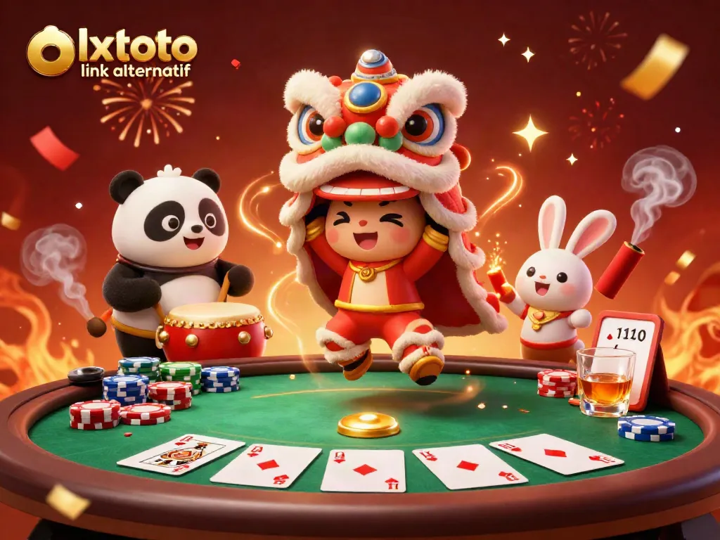 Experience the excitement of olxtoto link alternatif with a festive 3D lion dance scene surrounded by colorful casino elements.