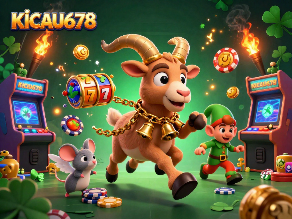 KICAU678 casino scene featuring Krampus, angel mouse, and elf gremlins amidst dynamic slot games.