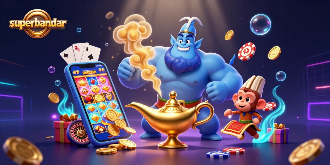 Superbandar menghadirkan ilustrasi kasino 3D yang penuh warna dan elemen permainan yang menarik.