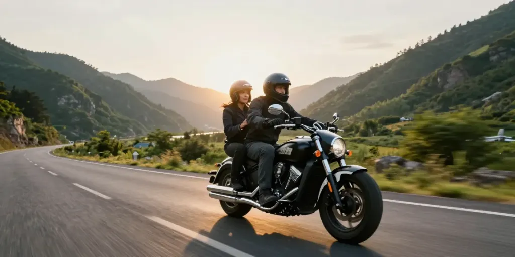 Couple riding 2up on an Indian motorcycle through scenic mountains.