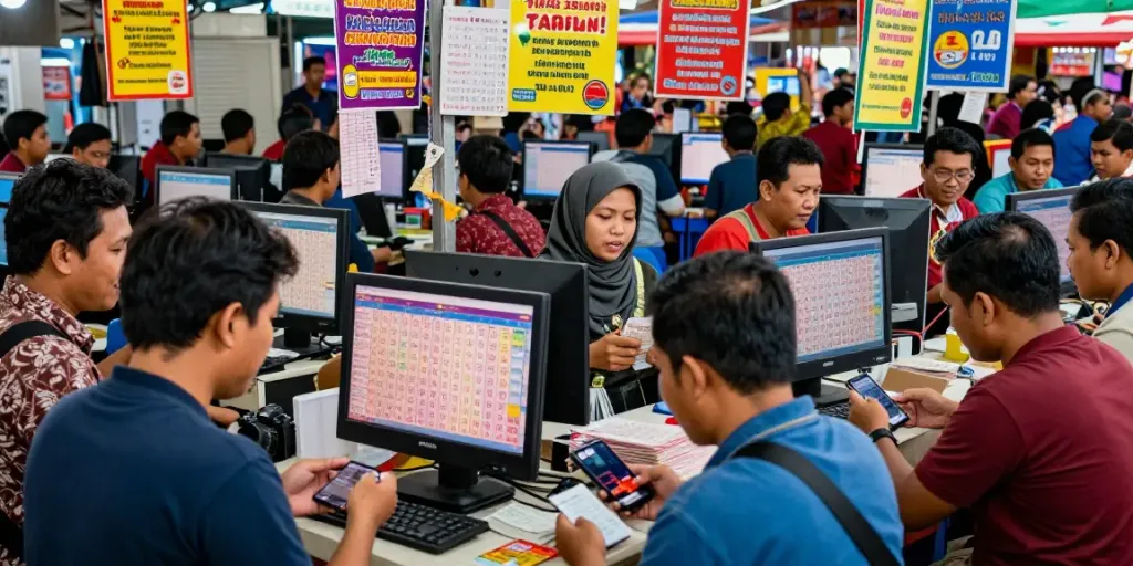 Pasar lotere yang ramai dengan pemain antusias memeriksa ratutogel dan menunggu hasilnya.