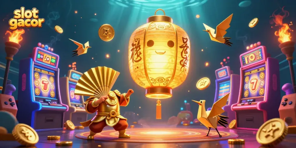 Experience the magic of slot gacor with a giant lantern spirit and vibrant casino elements.