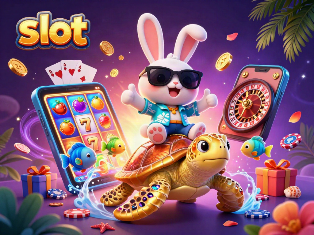 Experience thrilling slot action with a lucky rabbit and golden turtle in vibrant 3D illustration.