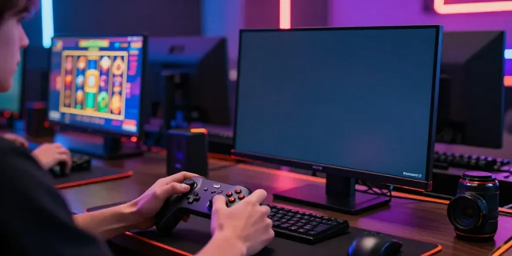 Pengalaman bermain game slot harumslot yang mendebarkan dengan setup gaming modern dan pencahayaan LED menarik.