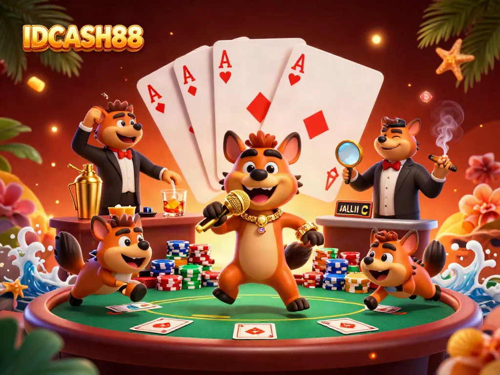 Engage in thrilling casino fun at IDCASH88 with animated hyenas in a lively comedy club scene.