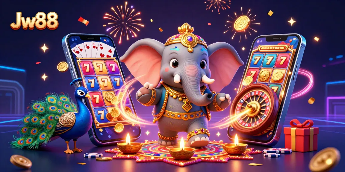 Spin to win at Jw88 with vibrant gaming elements and festive characters in an exciting casino scene.