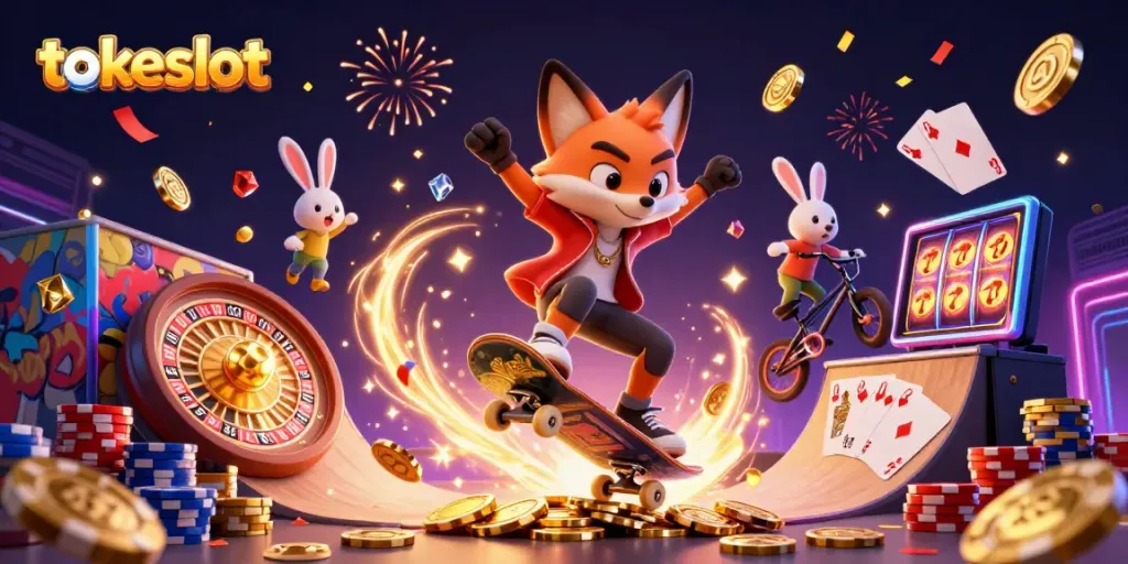 Tokeslot illustrates an exciting scene with a fox performing a kickflip over poker chips, enhancing online gameplay.