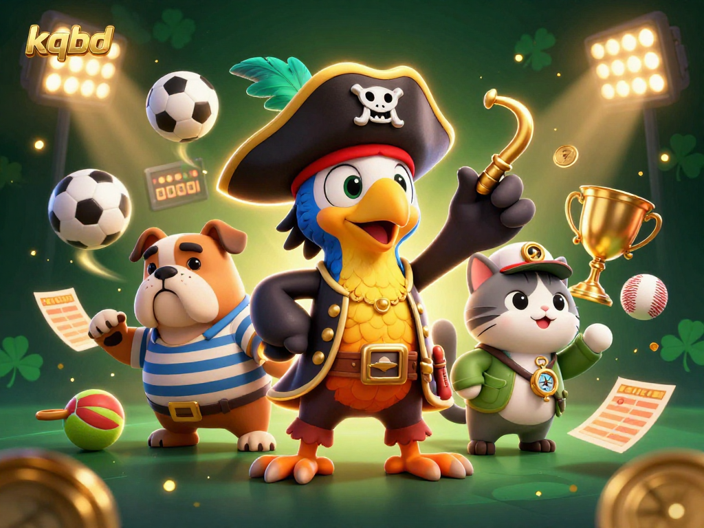 Track live scores with kqbd, featuring pirates and sports elements in a vibrant 3D scene.