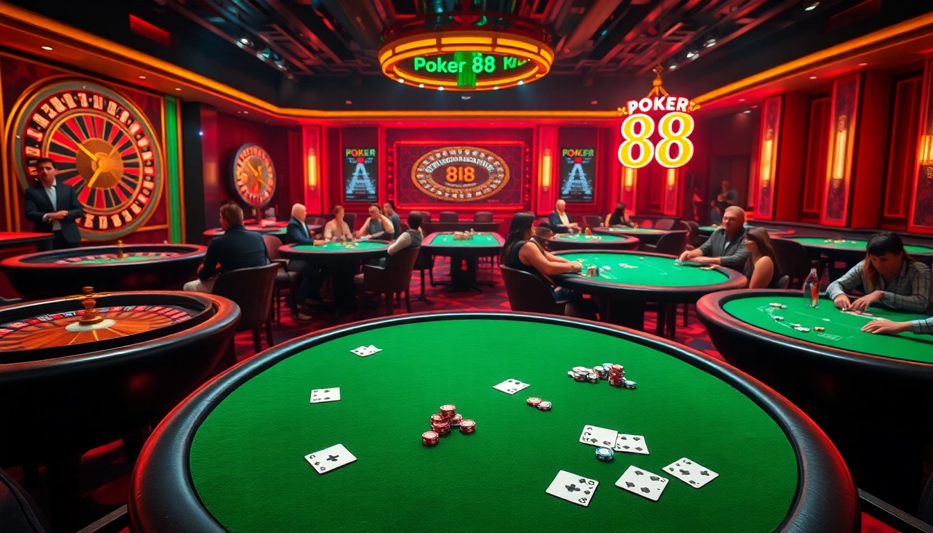 Engaging players at Poker 88 tables in a vibrant casino environment, showcasing thrilling poker action.