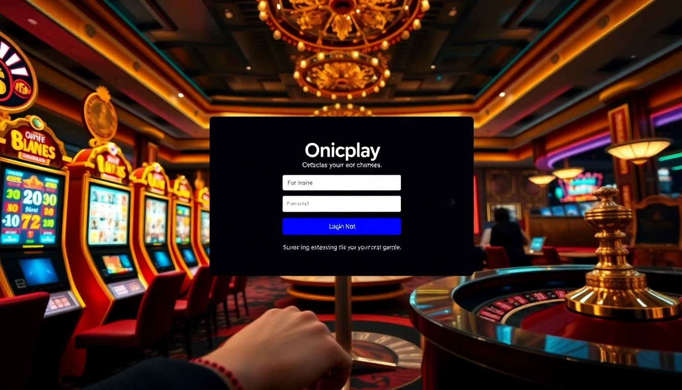 Engaging Onicplay login scene with vibrant slot machines and roulette ambiance.