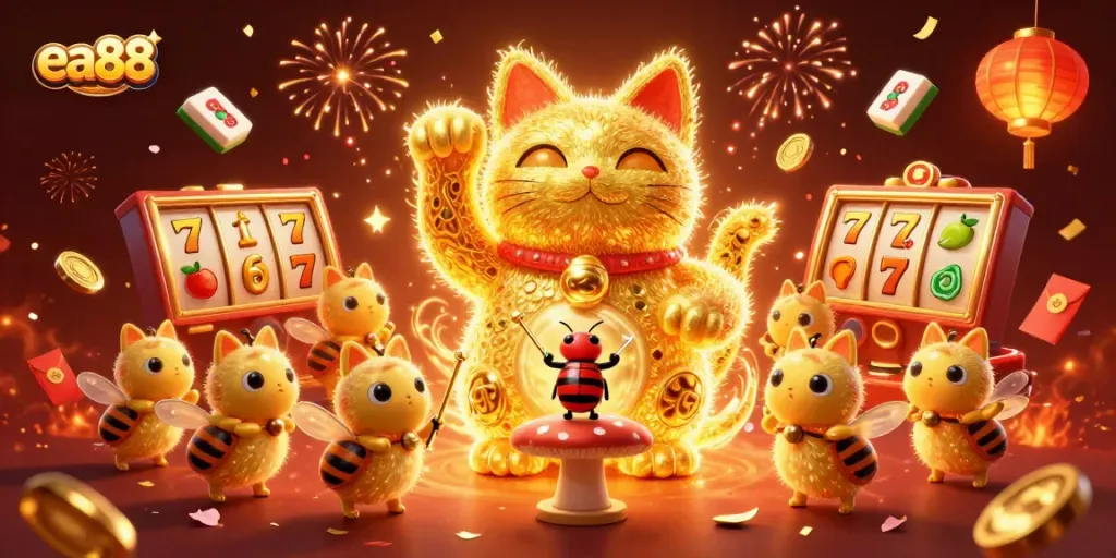 Experience winning at ea88 with a dynamic scene of a lucky cat and casino symbols.