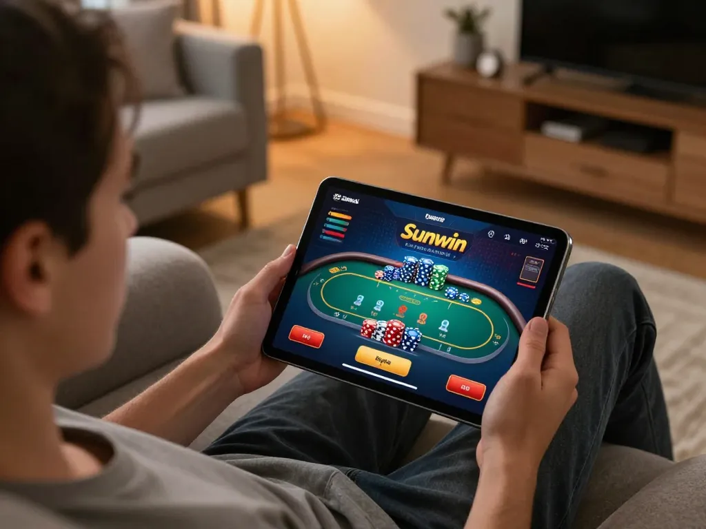Player engaging with the Sunwin app for online casino gaming on a tablet in a cozy living room.