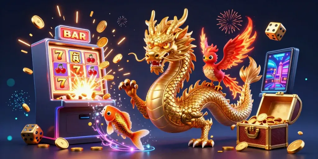 Bermain game di pasporbet dengan simbol keberuntungan dan karakter naga emas yang memukau.