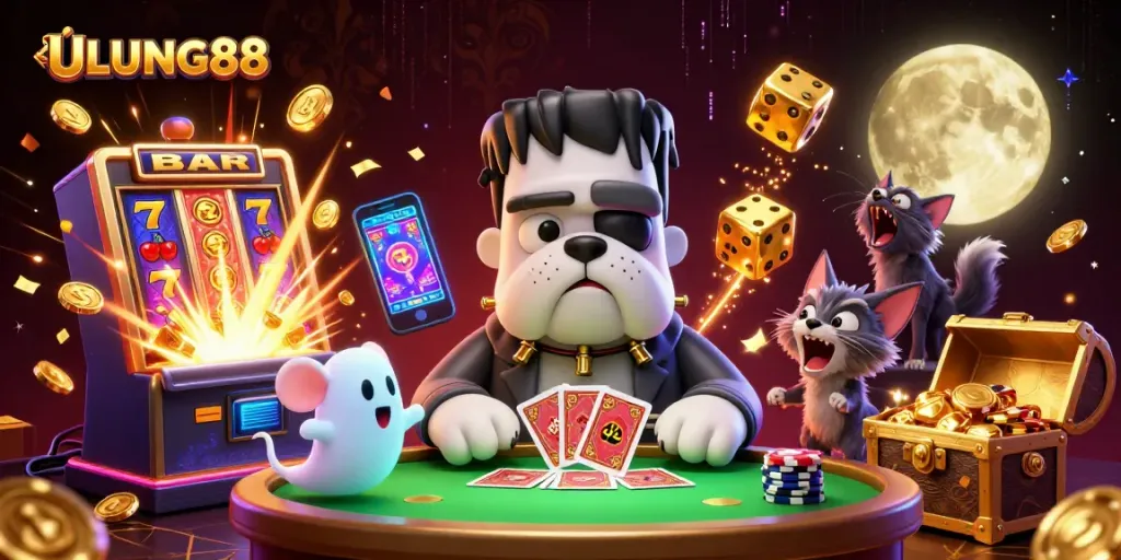 Experience thrilling gaming excitement at ULUNG88 with a vibrant 3D illustration of a Frankenstein bulldog dealer and friends.