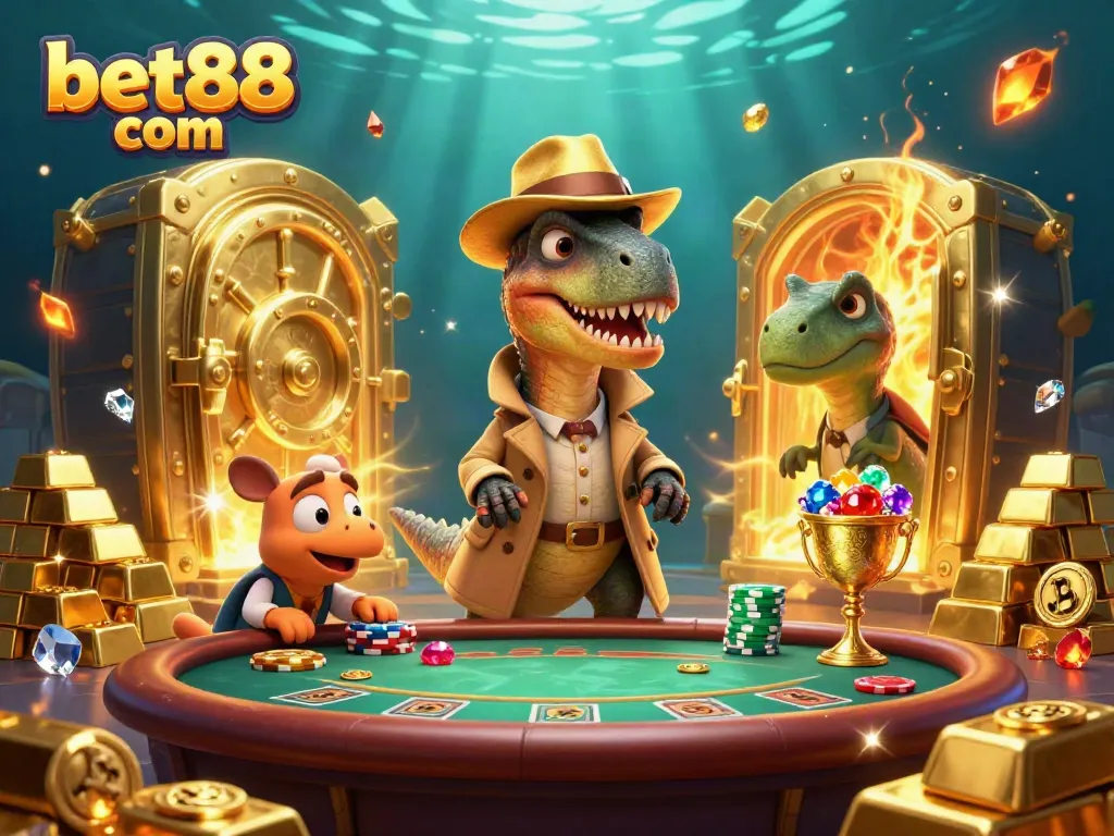 Bet88 com features a 3D cartoon velociraptor at a blackjack table surrounded by treasures in a vibrant casino scene.