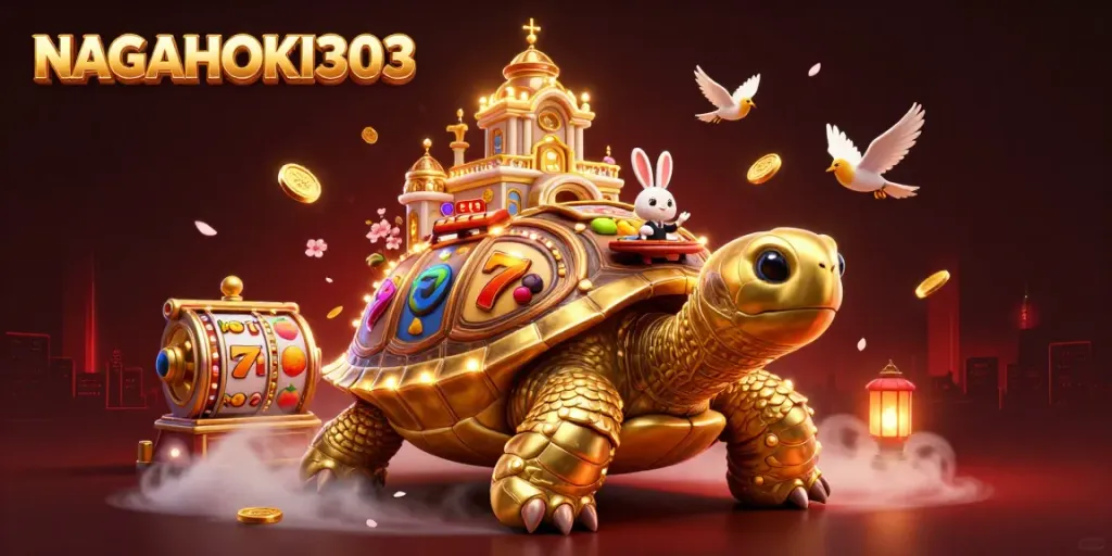 NAGAHOKI303 showcases a vibrant 3D casino scene with a golden tortoise and rabbit dealer, offering an immersive online gaming experience.