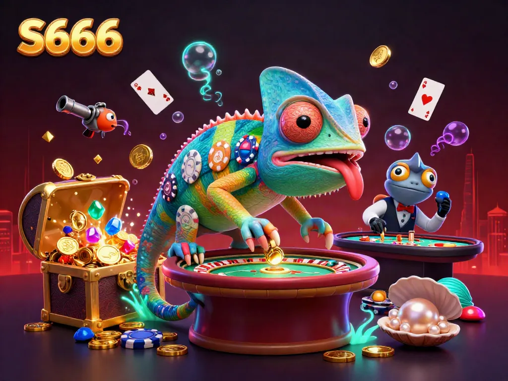 S666 chameleon casino owner snatching gold coins with vibrant gaming elements in a dynamic scene