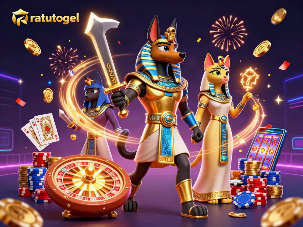 Experience the excitement of ratutogel with Anubis and Bastet amidst flying coins and vibrant casino elements.