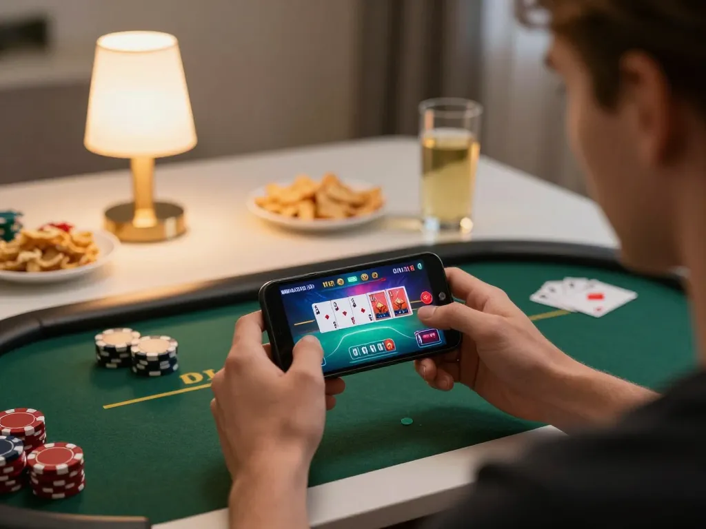 Engaging in mpo500 online poker gameplay on a smartphone at home, showcasing game interface and relaxed atmosphere.