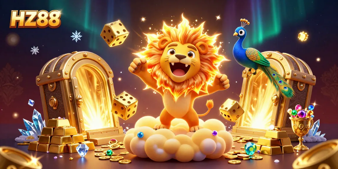 Engage with HZ88's thrilling gaming experience as a roaring lion, golden dice, and vibrant peacock set the scene.