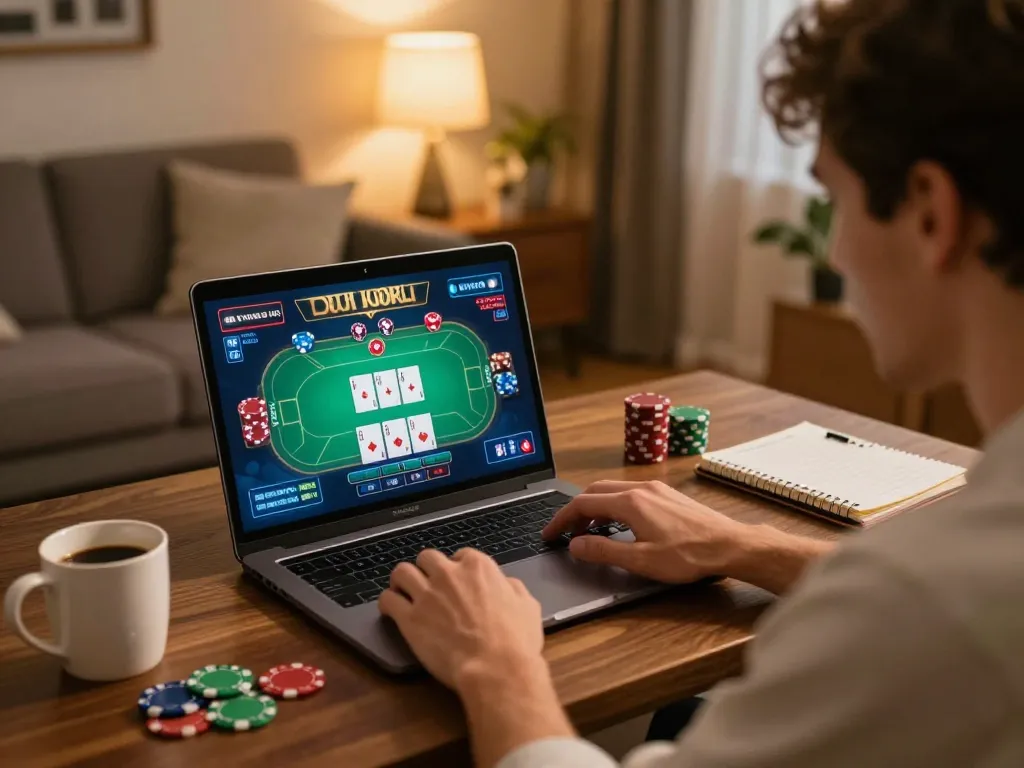 kuwin player deeply focusing on online poker strategies in a cozy home setting.