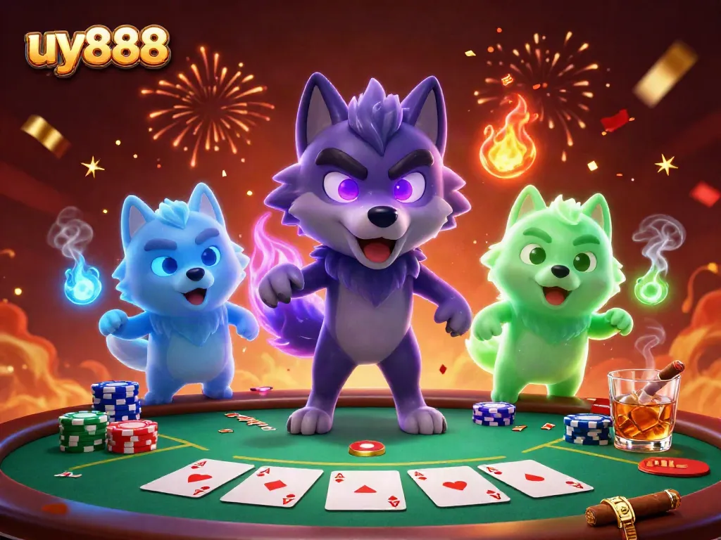 Experience exhilarating poker action with uy888's vibrant illustration of a shadow wolf leader.