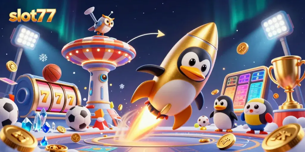 Permainan slot77 yang menarik dengan penguin emas dan elemen jackpot yang memukau.