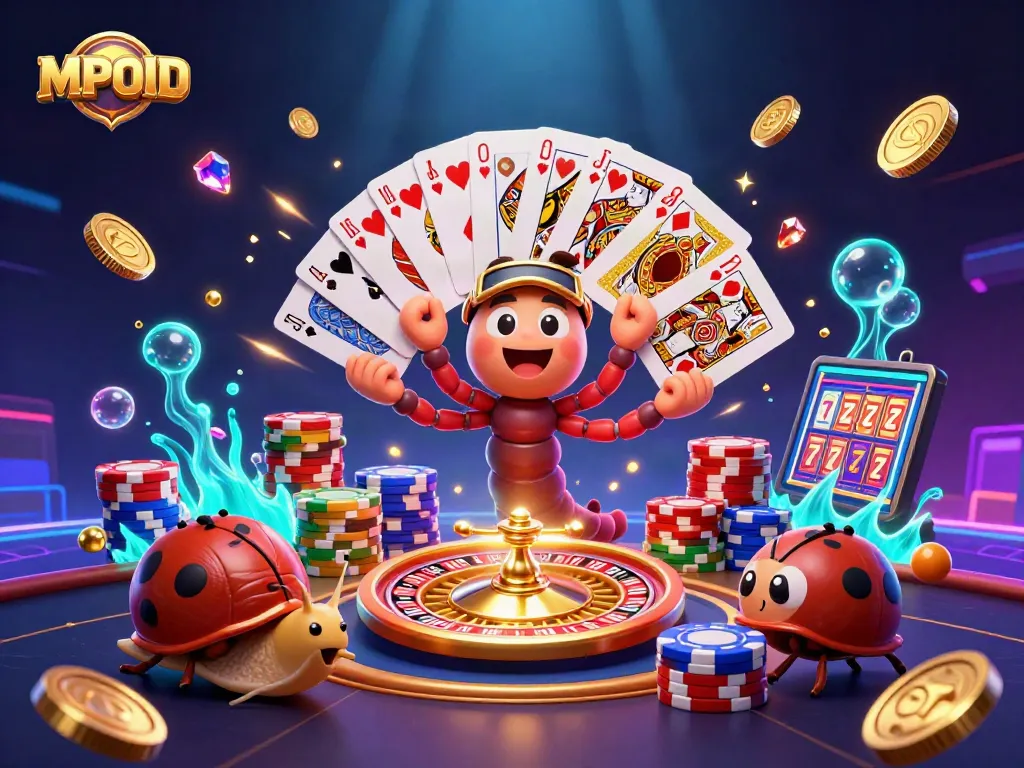 Experience MPOID's vibrant casino action with a lively millipede dealer and exciting game elements scattered around.
