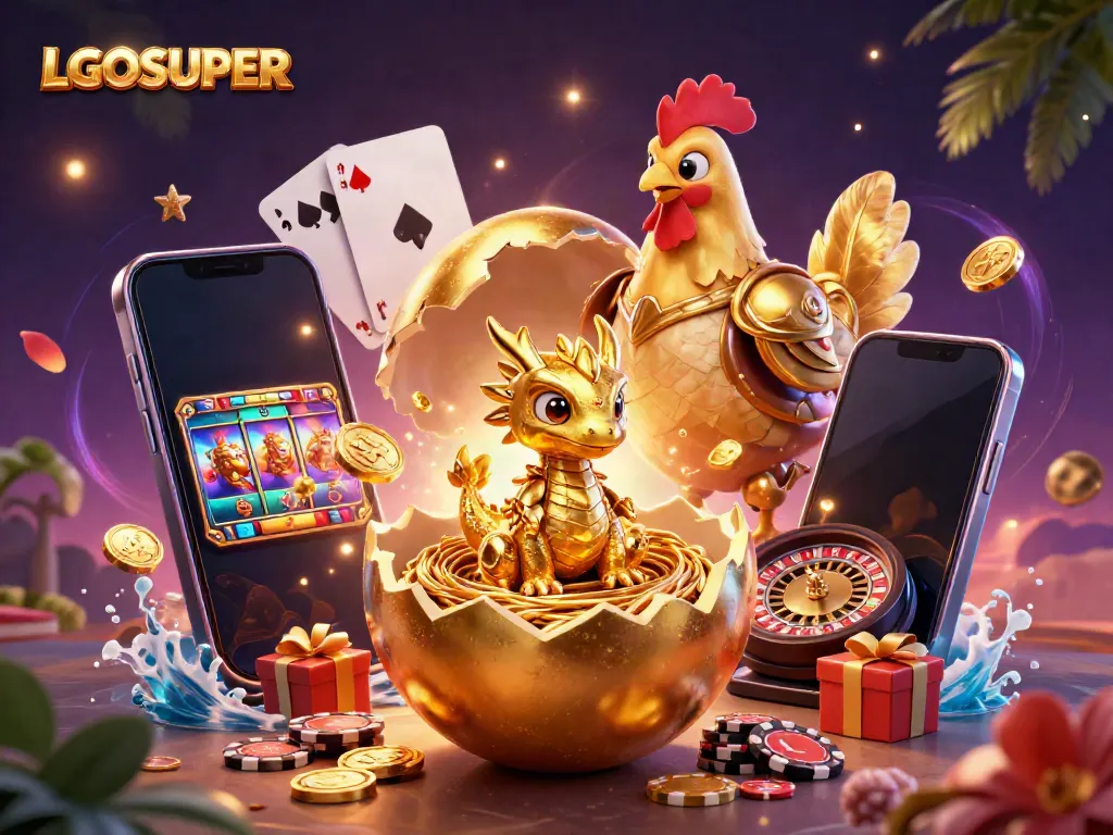 Experience the golden charm of LGOSUPER with unique casino game illustrations, celebrating vivid colors and thrilling elements.
