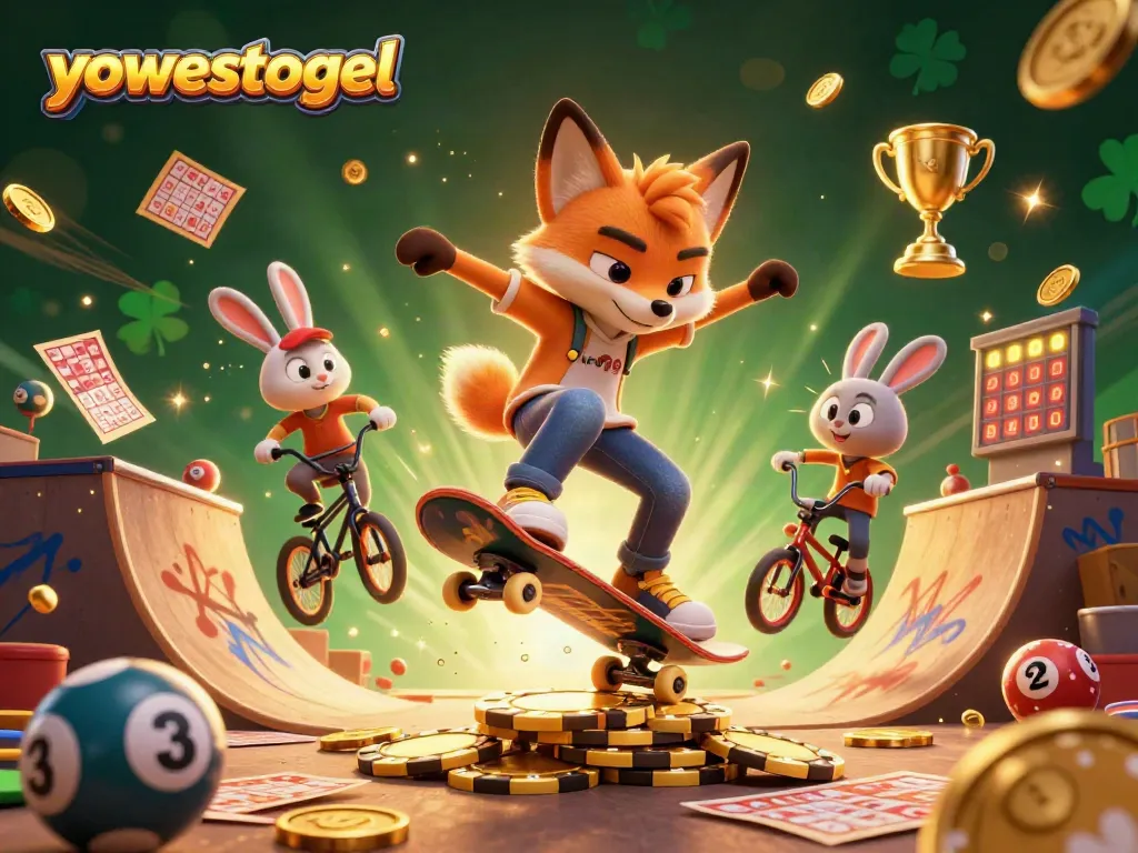 Experience excitement with yowestogel in this vibrant lottery-themed illustration filled with dynamic elements.