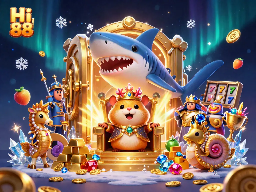 Engage with Hi 88 through a thrilling casino adventure featuring vibrant slot elements and animated treasures.
