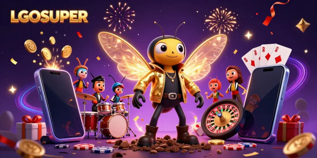 Experience the excitement of LGOSUPER with a cartoon rock star and dynamic casino elements.