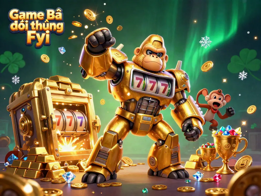 Game Bài Đổi Thưởng Fyi showcases an explosive scene with a golden gorilla mech, coins, and treasure.