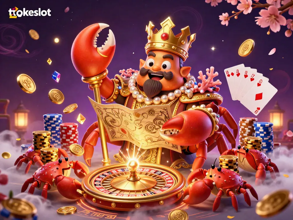 Experience the thrilling allure of tokeslot with a vibrant 3D illustration of a golden crab emperor, surrounded by exciting casino elements.