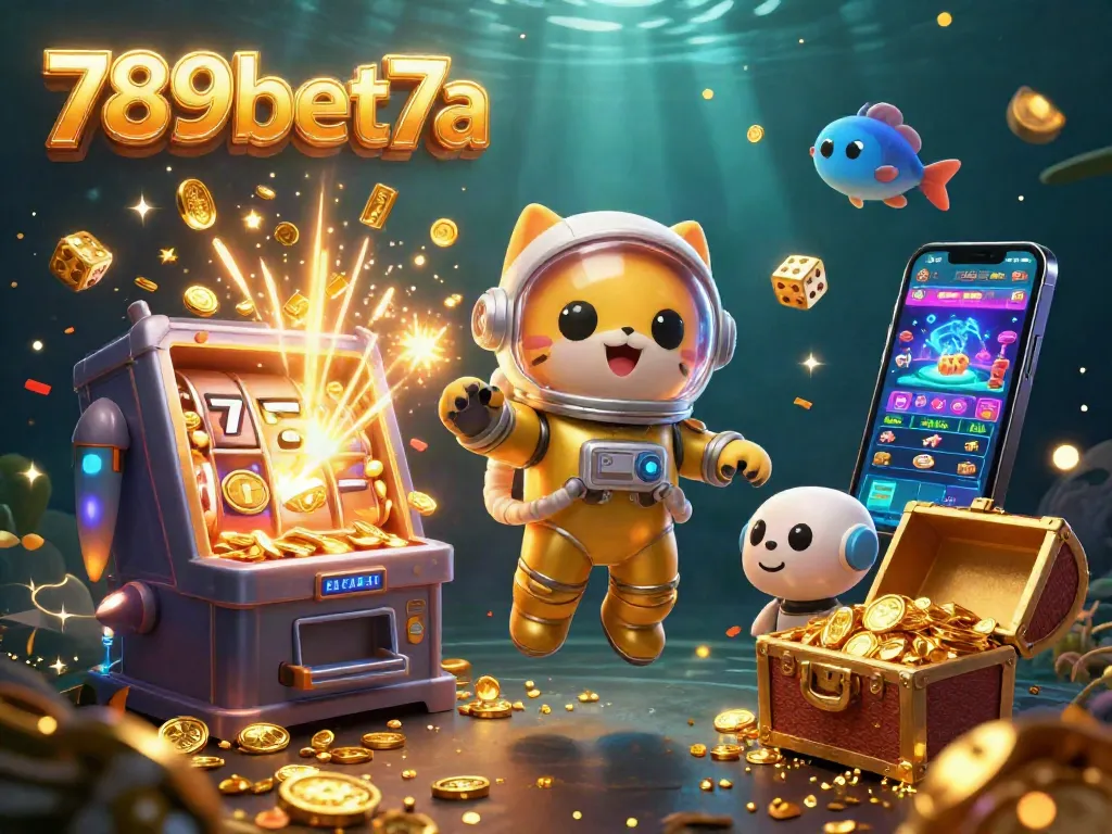 Engage with the vibrant 789bet7a casino experience, featuring a dynamic astronaut cat and robot dog amidst jackpots and golden treasures.