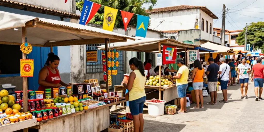 Pasar Brasil yang ramai dengan berbagai Produtos lokal dan makanan khas yang menarik.