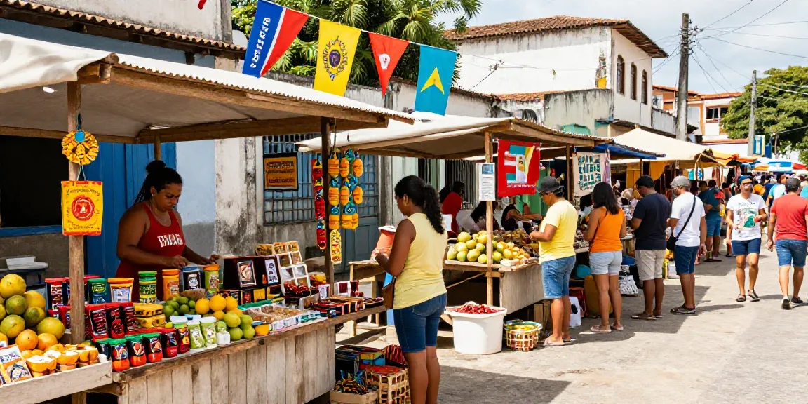 Pasar Brasil yang ramai dengan berbagai Produtos lokal dan makanan khas yang menarik.