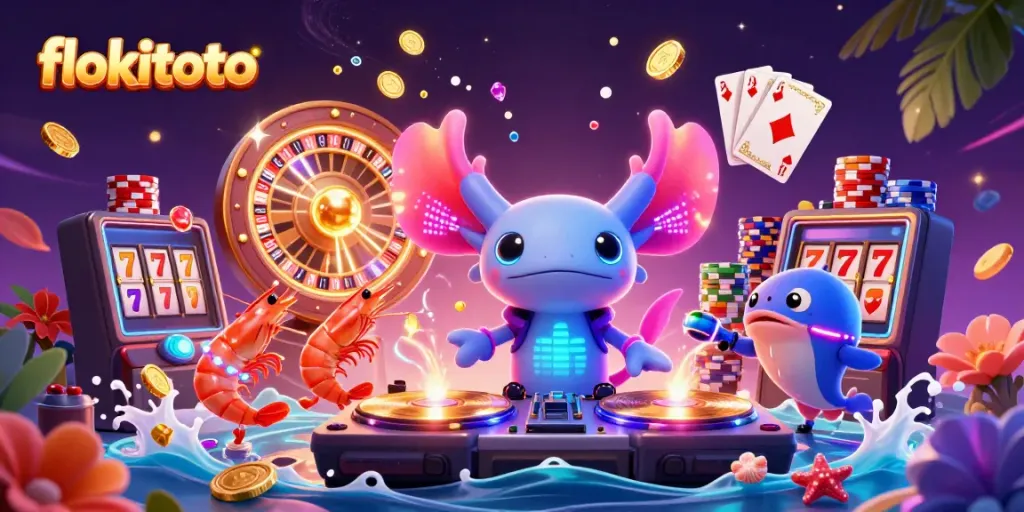 Experience excitement with flokitoto's lively casino scene featuring a neon axolotl DJ.