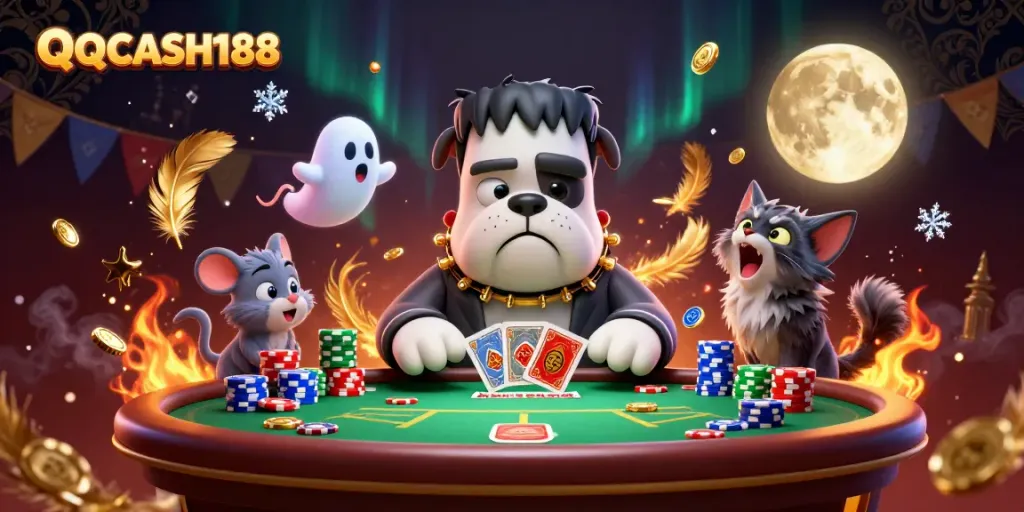 Experience thrilling gameplay at QQCASH188 as a bulldog dealer engages with players, surrounded by betting chips and cards.