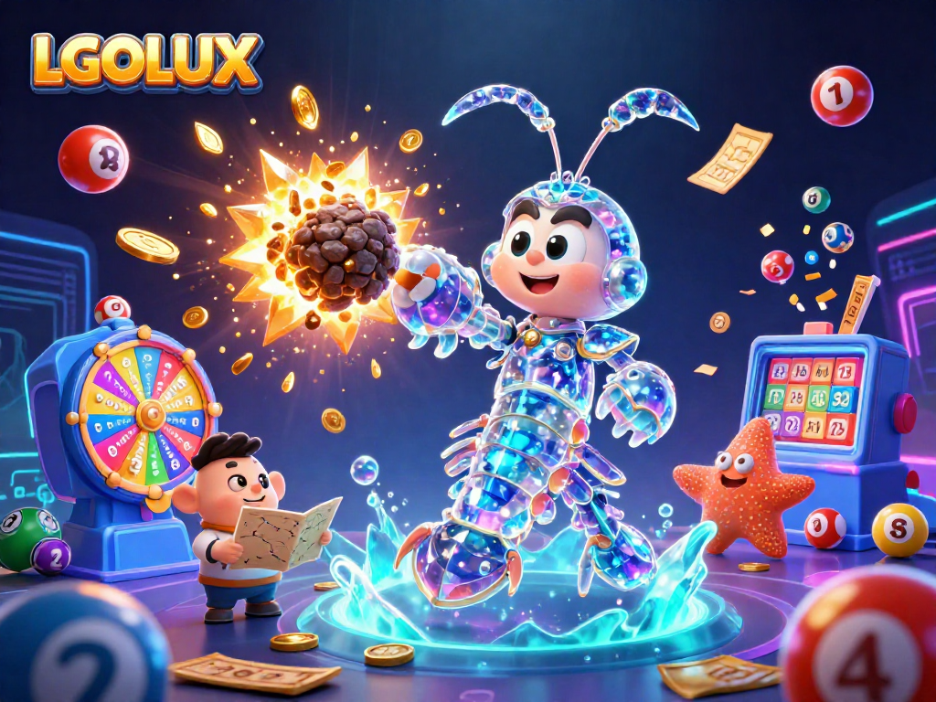 Experience LGOLUX's vibrant gaming world with an explosion of gems and lottery elements in a stunning 3D scene.