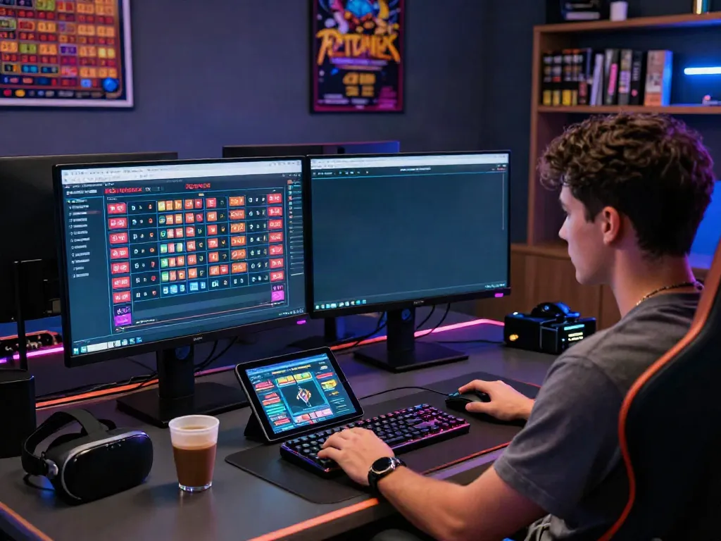 Pengaturan gaming modern dengan dua layar menampilkan hasil togel Dewitogel dan akses judi online.