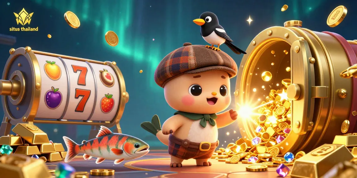 Spin the slots with situs thailand while enjoying a playful 3D illustration featuring a cartoon baby Nessie and treasures.
