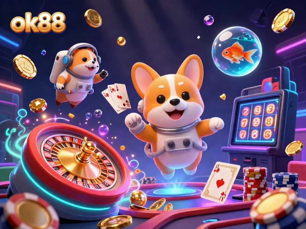 Experience the thrill of ok88 with a whimsical 3D space casino scene, featuring a corgi astronaut and lively gambling elements.