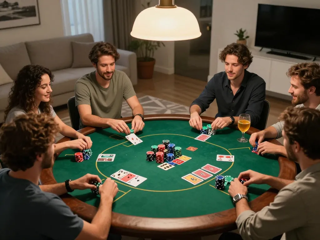 Pakde4D players engaging in intense Texas Hold'em strategy during an exciting home poker night.