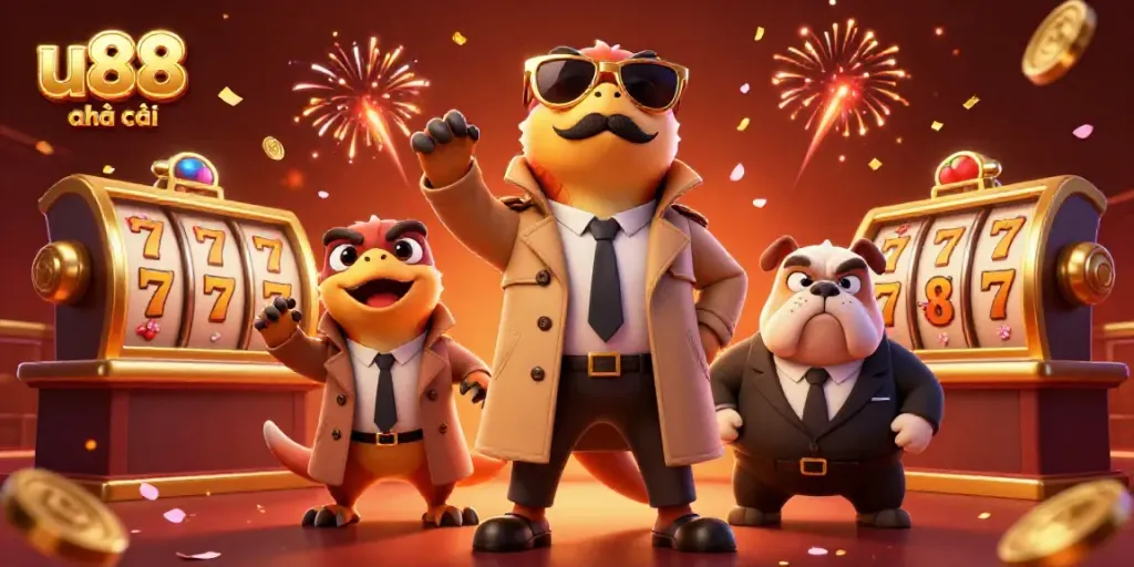 Experience u88 nhà cái where three cartoon raptors try to enter a VIP casino, surrounded by slot reels and lucky symbols.