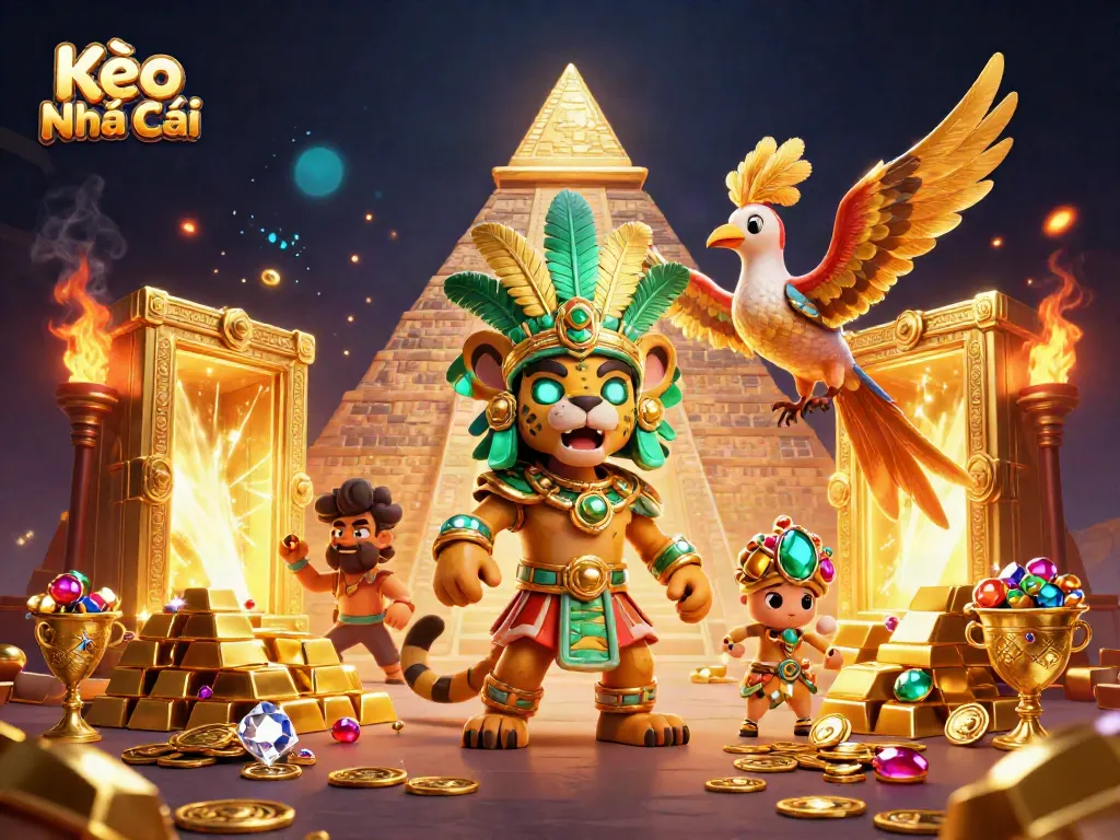 Engage with Kèo Nhà Cái's vibrant gaming elements featuring a Mayan priest, gold treasures, and unique bets.